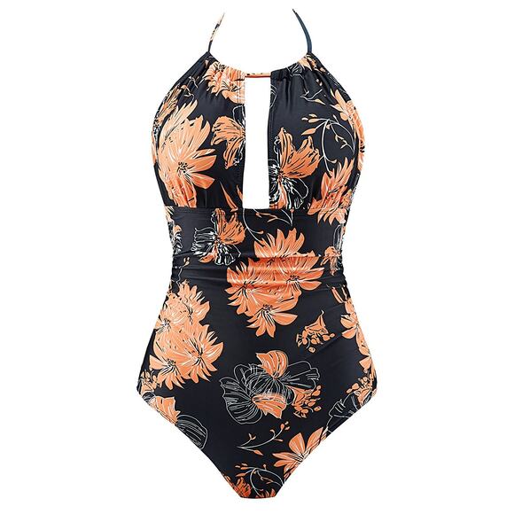 B2PRITY Plus Size 2XL Halter One-Piece Swimsuit Black Orange Floral Print - Picture 1 of 6